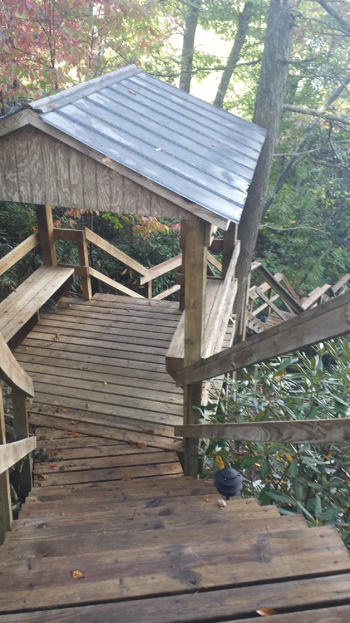 Metal roofed shelter over wooden steps on a wooded walkway — Skylight Repair & Installation work by our crew in Kaylor
